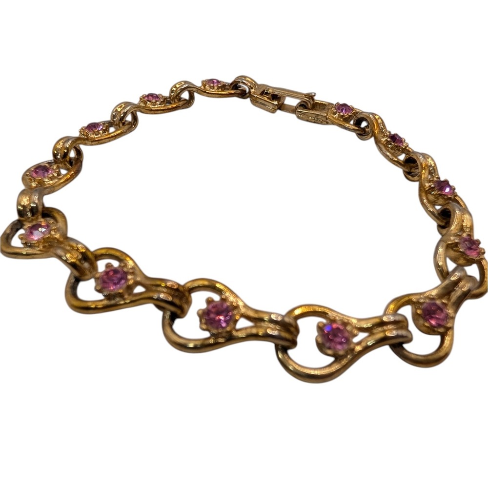 Vintage Gold Tone‎ Bracelet Pink Pronged Rhinestones October Birthstone Linked